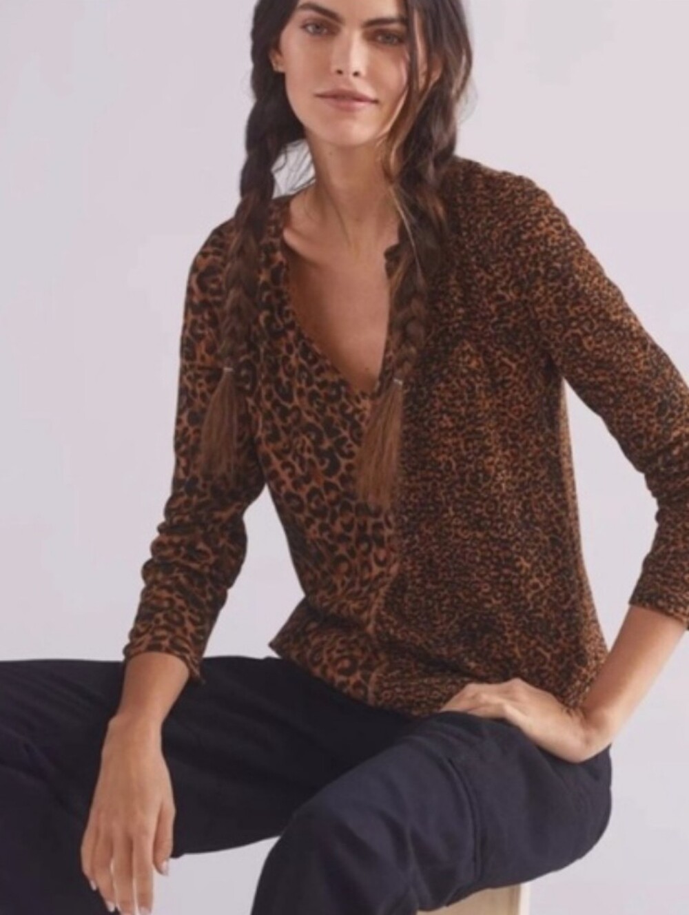 Anthropologie - Pilcro Leopard Print Split Neck Waffle Knit Top Size Medium